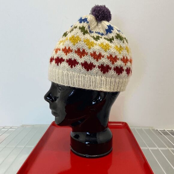 Rainbow Hearts Hand Knit Pom Pom Beanie, Winter Hat with Heart Design in Rainbow - Picture 5 of 8